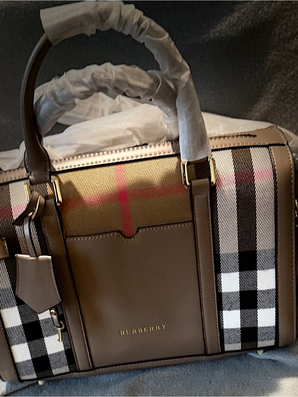 Burberry Brown Leather & Classic Check Satchel with Gold Hardware